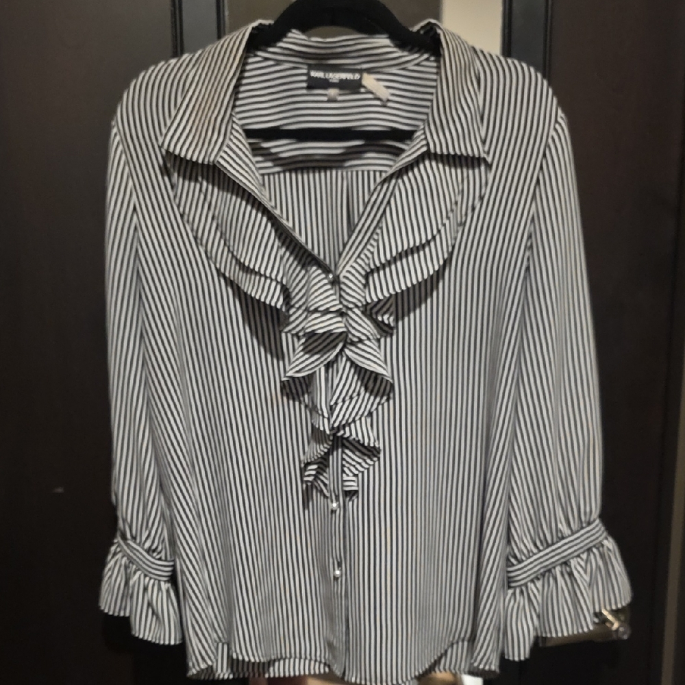 Karl Lagerfeld Black and White Striped Blouse with Ruffle Detail